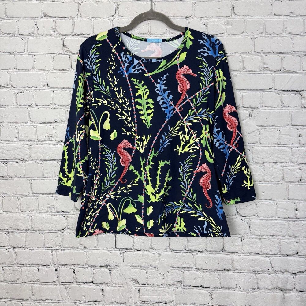 J Mclaughlin Catalina Cloth Seahorse Print Jersey Top Navy Multi